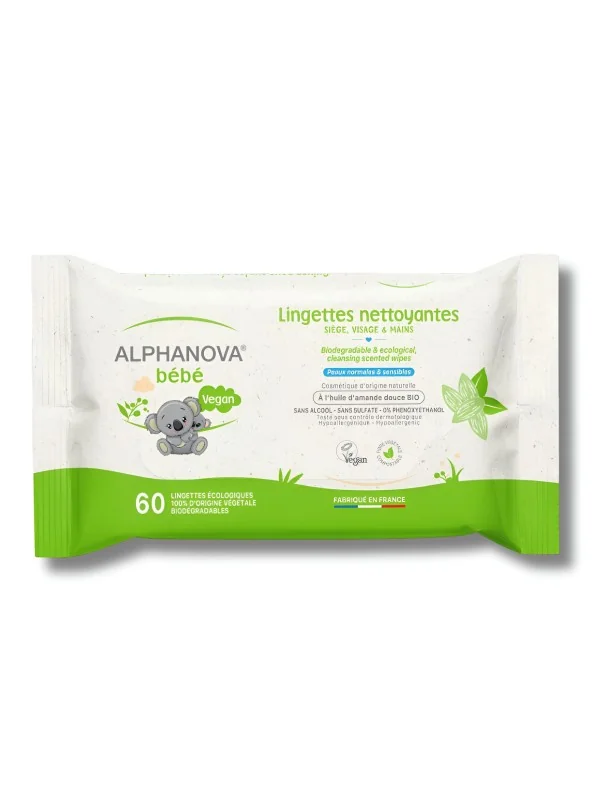 ALPHANOVA - LINGETTES NETTOYANTES A L'HUILE D'AMANDE DOUCE BIO 60PIECES