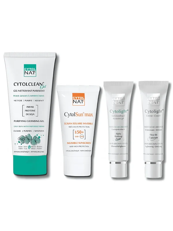 CYTOLNAT - PACK : GEL NETTOYANT PURIFIANT + ECRAN INVISIBLE + GEL ANTI TACHES + CREME ANTI TACHES
