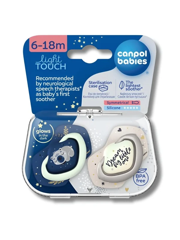 CANPOL BABIES - LOT DE 2 SUCETTES LIGHT TOUCH 6-18MOIS SYMÉTRIQUE BRILLE DANS LE NOIR SLEEPY KOALA BLEU 22/659