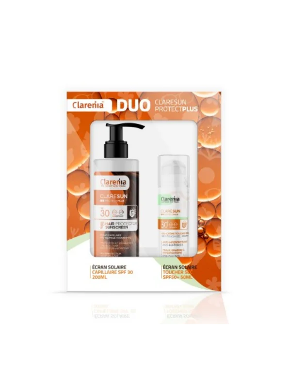 COFFRET SOLAIRE CLARENIA DUO ÉCRAN TOUCHER SEC SPF50+ ET ÉCRAN CAPILAIRE -40%